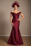 Off The Shoulder Satin Burgundy Mermaid Mother Of The Bride Dress