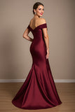 Off The Shoulder Satin Burgundy Mermaid Mother Of The Bride Dress