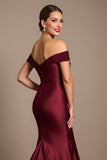 Off The Shoulder Satin Burgundy Mermaid Mother Of The Bride Dress
