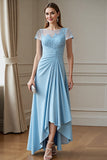 Sky Blue Ruched A Line Asymmetrical Mother Of The Bride Dress With Appliques