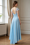 Sky Blue Ruched A Line Asymmetrical Mother Of The Bride Dress With Appliques