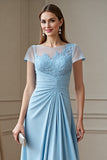 Sky Blue Ruched A Line Asymmetrical Mother Of The Bride Dress With Appliques