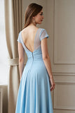 Sky Blue Ruched A Line Asymmetrical Mother Of The Bride Dress With Appliques