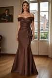 Brown Off The Shoulder Satin Mermaid Mother Of The Bride Dress