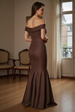 Brown Off The Shoulder Satin Mermaid Mother Of The Bride Dress