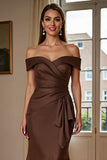 Brown Off The Shoulder Satin Mermaid Mother Of The Bride Dress