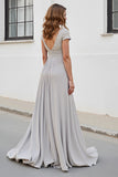 Silver V Neck A Line Mother Of The Bride Dress