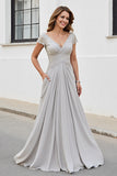 Silver V Neck A Line Mother Of The Bride Dress