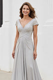 Silver V Neck A Line Mother Of The Bride Dress
