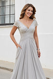 Silver V Neck A Line Mother Of The Bride Dress