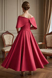 Off The Shoulder Red A Line Long Wedding Guest Dress with Bow