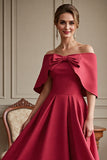 Off The Shoulder Red A Line Long Wedding Guest Dress with Bow
