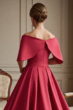 Off The Shoulder Red A Line Long Wedding Guest Dress with Bow