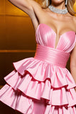 Candy Pink Metallic Satin A Line Homecoming Dress with Ruffles