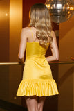 A Line Yellow Spaghetti Straps Satin Homecoming Dress