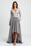 Silver A Line Lace Appliqued High-Low Mother Of The Bride Dress