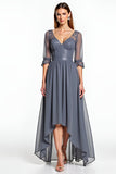 A Line Steel Grey Lace Appliqued High-Low Mother Of The Bride Dress