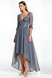 A Line Steel Grey Lace Appliqued High-Low Mother Of The Bride Dress