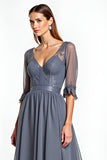 A Line Steel Grey Lace Appliqued High-Low Mother Of The Bride Dress