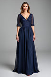 Navy A Line Lace Appliqued Mother Of Bride Dress