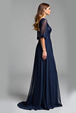 Navy A Line Lace Appliqued Mother Of Bride Dress