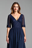 Navy A Line Lace Appliqued Mother Of Bride Dress