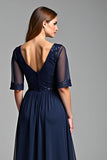 Navy A Line Lace Appliqued Mother Of Bride Dress