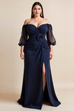 Off The Shoulder Navy A Line Mother Of Bride Dress With 3D Flower