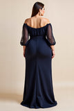 Off The Shoulder Navy A Line Mother Of Bride Dress With 3D Flower