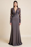 Long Sleeves Steel Grey Sheath Lace Appliqued Mother Of The Bride Dress