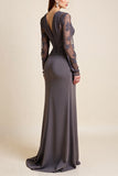 Long Sleeves Steel Grey Sheath Lace Appliqued Mother Of The Bride Dress