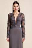 Long Sleeves Steel Grey Sheath Lace Appliqued Mother Of The Bride Dress