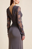 Long Sleeves Steel Grey Sheath Lace Appliqued Mother Of The Bride Dress