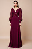 Burgundy Long Sleeves A Line Lace Appliqued Mother Of Bride Dress