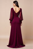 Burgundy Long Sleeves A Line Lace Appliqued Mother Of Bride Dress