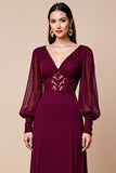 Burgundy Long Sleeves A Line Lace Appliqued Mother Of Bride Dress