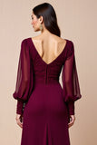 Burgundy Long Sleeves A Line Lace Appliqued Mother Of Bride Dress
