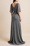 Steel Grey A Line Chiffon Mother Of The Bride Dress With Appliques