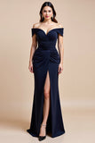 Off The Shoulder Navy Mermaid Mother Of Bride Dress With Slit