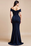 Off The Shoulder Navy Mermaid Mother Of Bride Dress With Slit