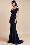 Off The Shoulder Navy Mermaid Mother Of Bride Dress With Slit
