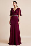 Burgundy A Line Beaded Long Mother Of Bride Dress