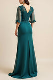A Line Peacock Blue Lace Appliqued Long Mother of The Bride Dress