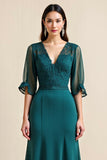 A Line Peacock Blue Lace Appliqued Long Mother of The Bride Dress