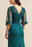 A Line Peacock Blue Lace Appliqued Long Mother of The Bride Dress