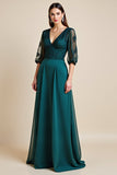 A Line Lace Appliqued Peacock Blue Long Mother of The Bride Dress