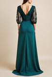 A Line Lace Appliqued Peacock Blue Long Mother of The Bride Dress