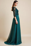 A Line Lace Appliqued Peacock Blue Long Mother of The Bride Dress