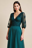 A Line Lace Appliqued Peacock Blue Long Mother of The Bride Dress