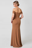 Off The Shoulder Sheath Brown Appliqued Mother of The Bride Dress